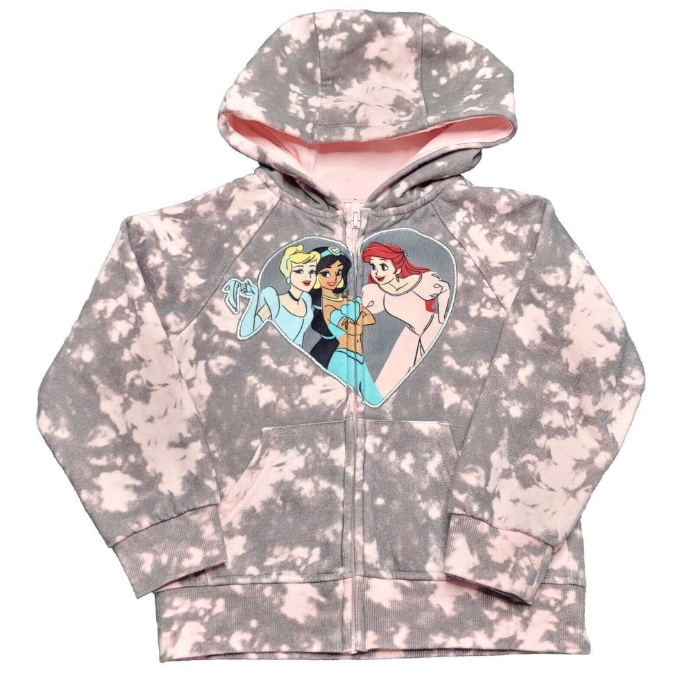Disney Princess Pink Tie Dye Zip-Up Jacket Girls Sz 5 Cinderella, Jasmine, Ariel